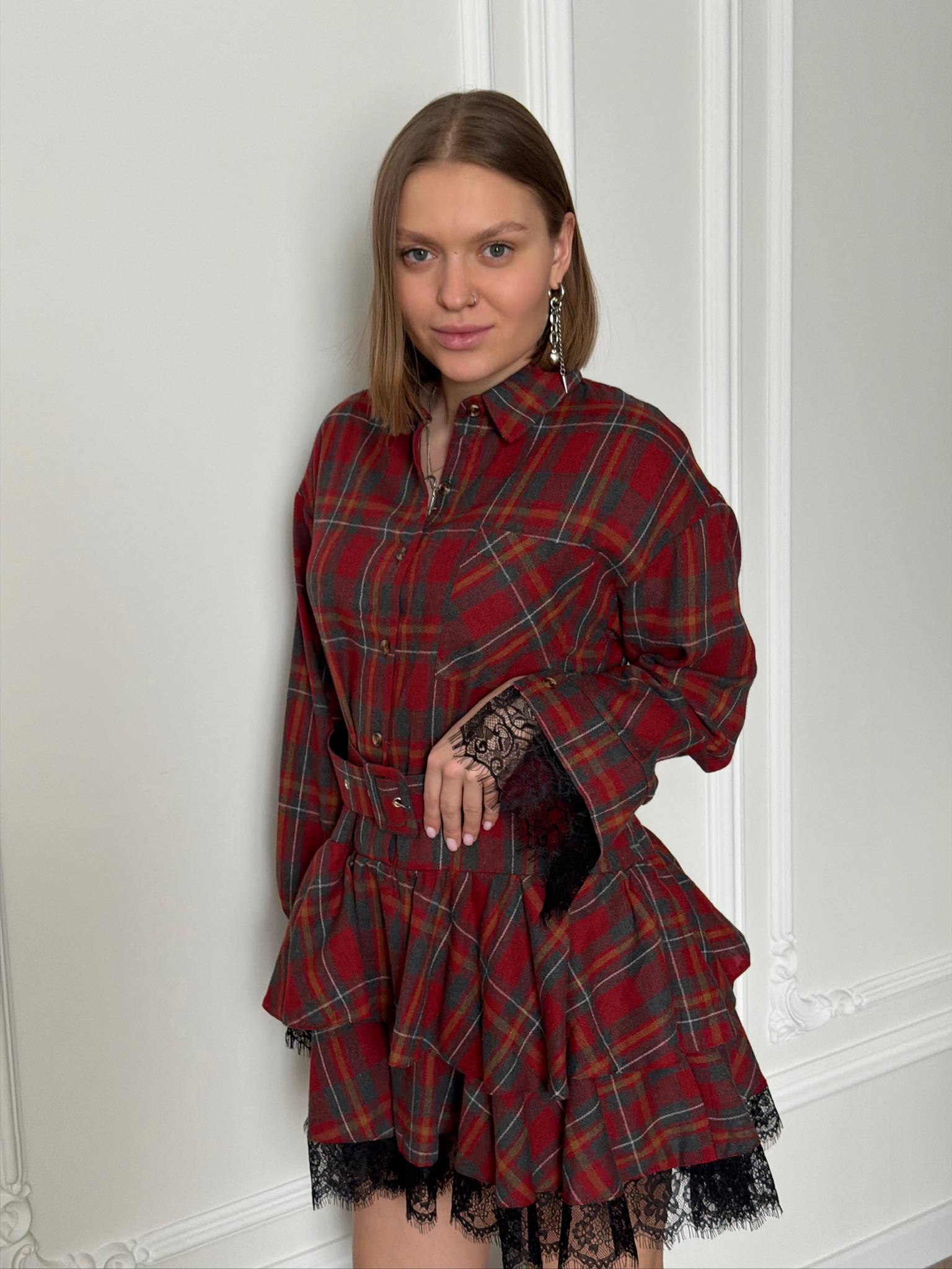 Платье с кружевом в клетку